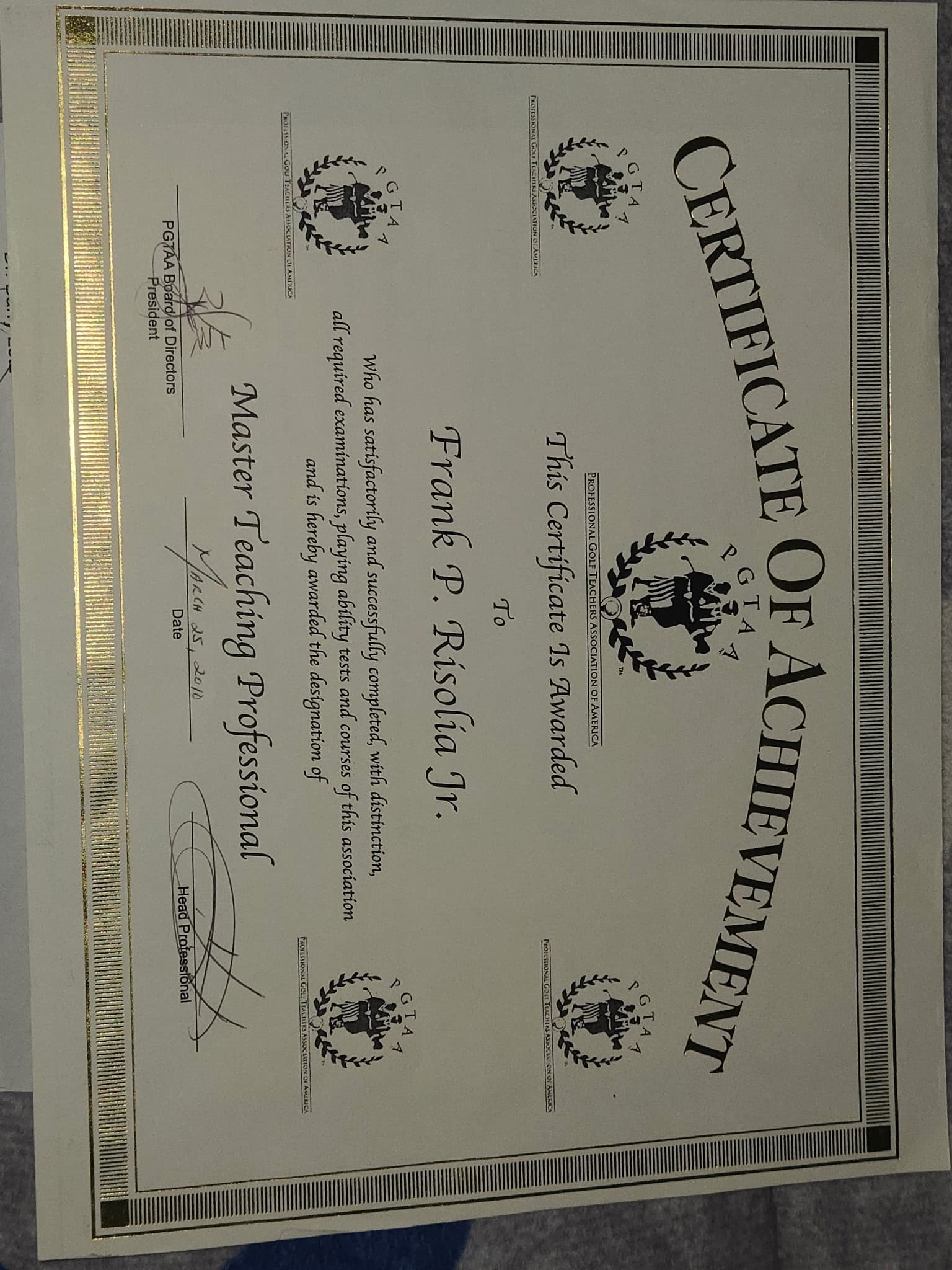 PGTAA Certificate of Achievement — Master Teaching Professional