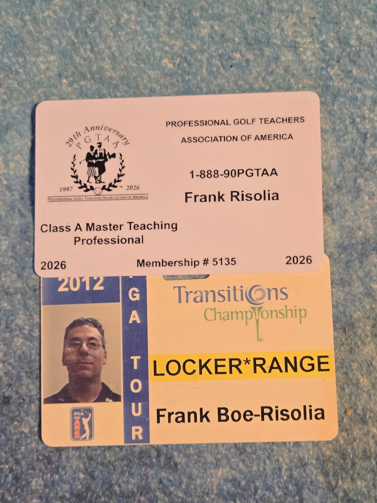 PGTAA Class A Master Teaching Professional ID and 2012 PGA TOUR Locker / Range credential
